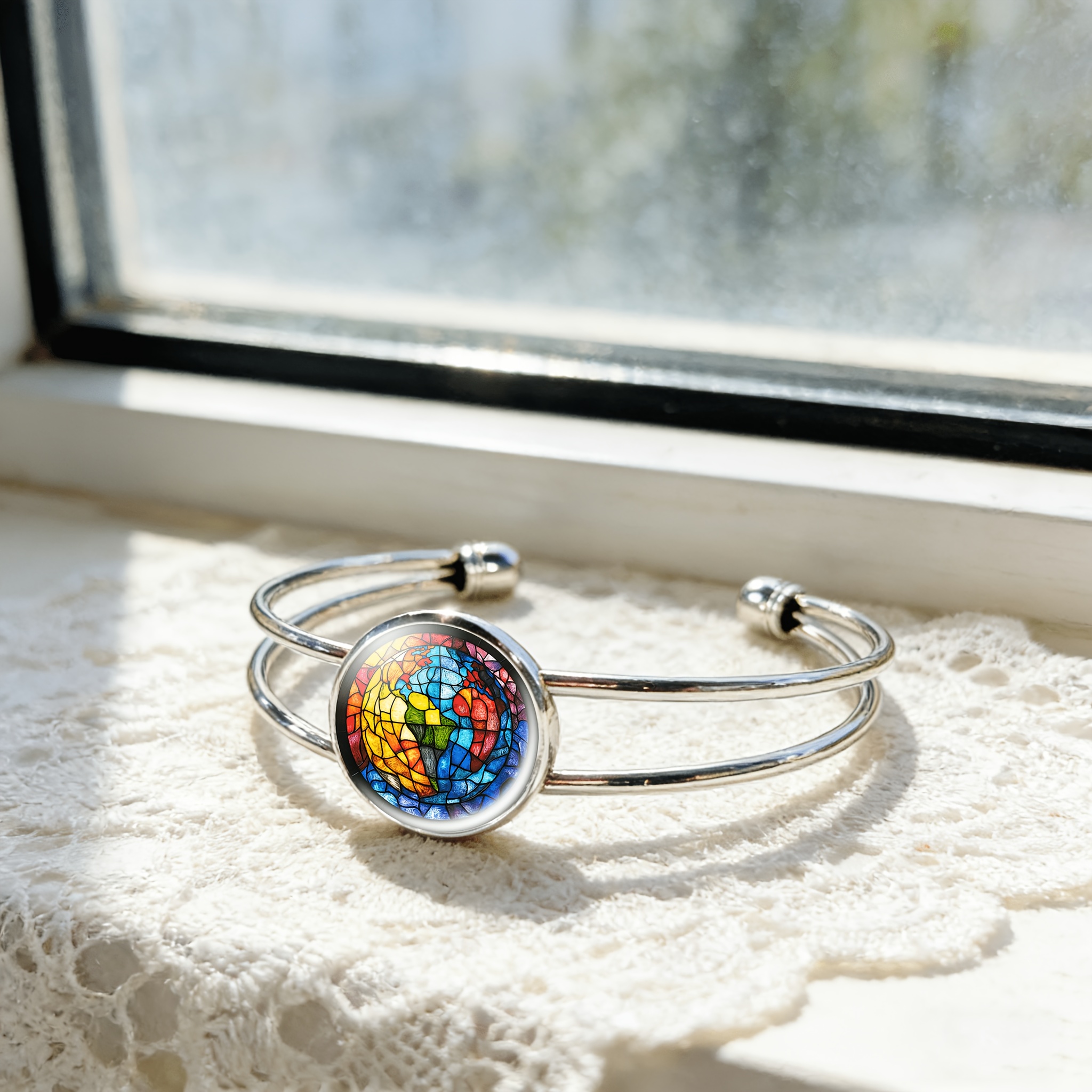 Women's Adjustable Open Bangle with Colorful Stained Glass Design